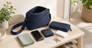 小さな紺色のバッグとポーチ、スマートフォン、財布、無地のカード、鍵、ハンカチ、ティッシュを並べた外出準備